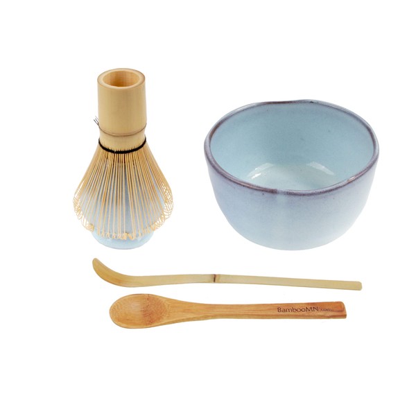 BambooMN Brand - Matcha Bowl Set (Includes Bowl, Rest,Tea Whisk, Chasaku, & Tea Spoon) 1 Set Shimmering Blue