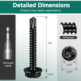 EASTPUK 100Pcs #8 x 1-1/4" Sheet Metal Screws, 410 Stainless Steel Self Drilling Hex Head Black Self Tapping Screws for Metal with Drill Bit