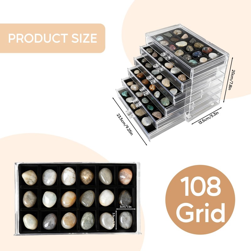 Rock Collection Box, 108 Grid Rock Collection Display Case, Crystal