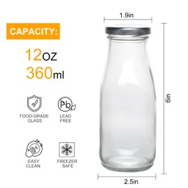 QAPPDA 12 oz Glass Bottles, Clear Glass Milk Bottles with Silver Lids, Vintage Breakfast Shake Clear Container, Vintage Drinking Bottle with Whiteboard Labels and Pen for Party,Kids,Set of 6
