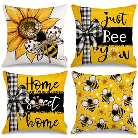 GEEORY Summer Pillow Covers 18x18 Inch Set of 4, Sunflowers Just Bee You Home Sweet Home Black Yellow Farmhouse Decorative Throw Pillowcases for Sofa G707-18