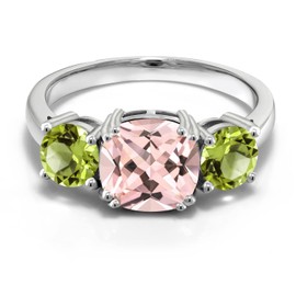 Gem Stone King 925 Sterling Silver Peach Nano Morganite and Green Peridot 3 Stone Engagement Ring For Women (3.10 Cttw, Gemstone October Birthstone, Cushion 8MM, Size 6)