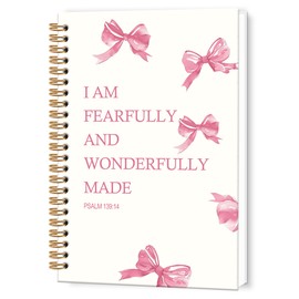 TWRVI Coquette Pink Bow Christian Spiral Notebook, Fearfully and Wonderfully Made Bible Notebook Journal for School Office Supplies, Girly Prayer Religious Journaling Notebooks 5.5"x8.3" 164 Pages