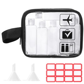 Diboniur Transparent Toiletry Bag - 10 Piece Airplane Travel Set, 6 Travel Bottles 100ml with 2 Small Funnels, Travel Accessories for Shampoo, Cream, Liquid and Lotion