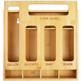 DUJEN Plastic Bag Organizer for Drawer, Bamboo Food Storage Bags Container Organizer with Slider, Baggie Bags Storage for Drawer Compatible with Gallon, Sandwich Variety Size Bags