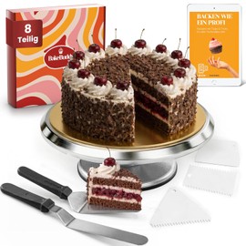 Professional turntable cake (set) - 30 cm aluminium cake turntable with non-slip base including 2 angled pallets and 3 stainless steel dough scrapers | sturdy rotating cake plate with cake