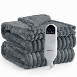 Bedsure Electric Blanket Twin - Thick Striped Flannel Electric Blanket, Heating with 6 Time Settings (Up to 10H), 6 Heat Settings & 8Hr Timer Auto Off, Gift for Grandma (62x84 inches, Grey)