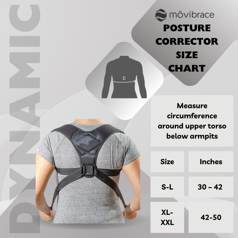 Movibrace Posture Corrector Back Support Brace, Adjustable Shoulder Support, Black