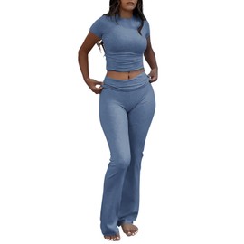 YETOWA Women's 2 Piece Lounge Outfits with Slim Short Sleeve Tops and Low Rise Flare Leggings Sets Versatile Yoga Fall Sweatsuit