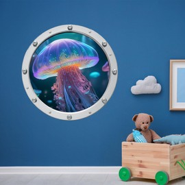 Jellyfish Porthole Wall Stickers, Coral Reef 3D Nautical Ocean Home Decor for Beach House, Water colour Nursery & Living Room Decals