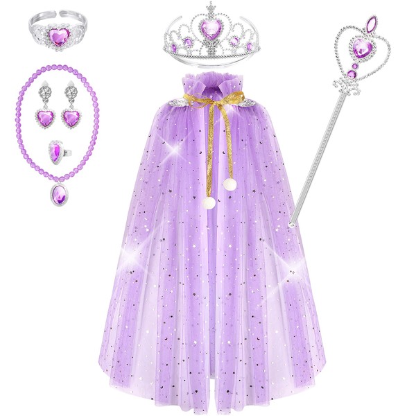 Fedio Princess Cape Set 7 Pieces Girls Princess Cloak with Tiara Crown, Wand for Little Girls Dress up (Purple)