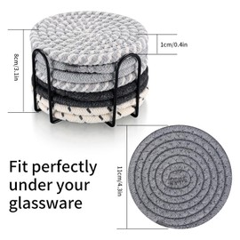 Juego de 8 Portavasos para Mesa Absorbentes, Posavasos Antideslizante, Handmade Braided Fabric Coasters Heat-Resistant, Protectores de Mesa para Todas Las Tazas,Con Soporte de Metal Negro (Negro)