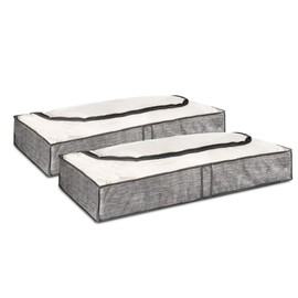 LIVIVO 2pack Grey Linen Printed Zipped Underbed Storage Bag Organiser with Clear Window Case and Handle Foldable Portable Heavy Duty Wardrobe Box