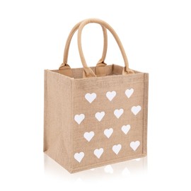 Burlap Tote Bags with Handles Small White Hearts Printed Reusable Jute Gift Bags Waterproof Lining for Valentine's Mother's Day Wedding Bridesmaid Bachelorette Beach Party