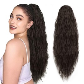 rosmile Corn Wave Drawstring Ponytail 140 Grams Natural Brown Wave Ponytail Clip in Extension 22 Inches Synthetic Corn Curly Wave Ponytail for Black Women(2,Black Brown)