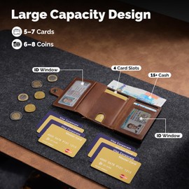 YESIIW Men's Airtag Genuine Leather Wallet with Large Capacity Pop-up Airtag Wallet for 12 Cards, Large Coin Compartment & ID Window, Purse Airtag with RFID Protection Smart Wallet (Genuine Leather),