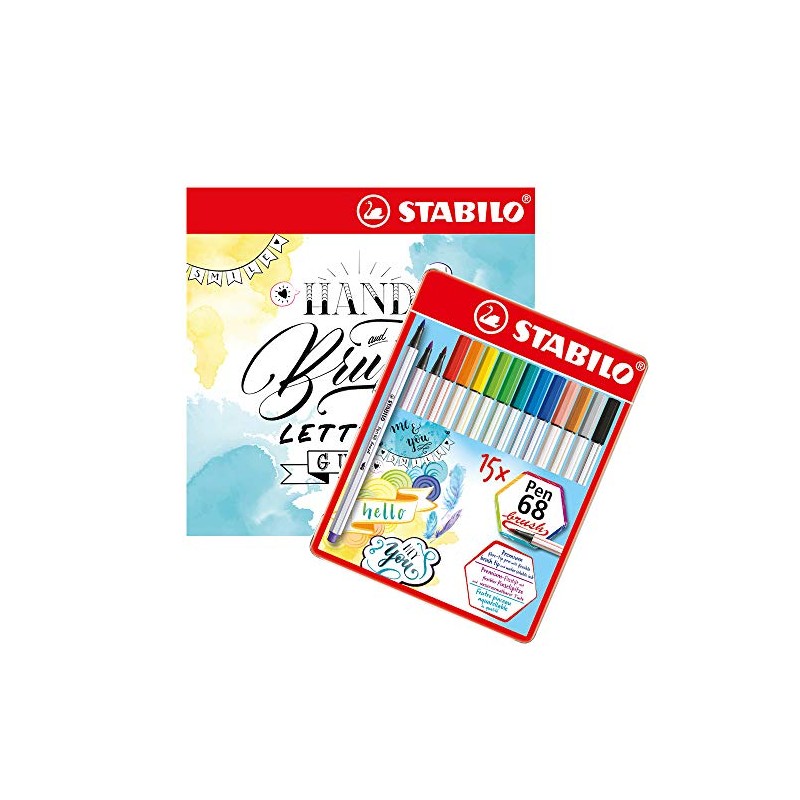STABILO Pen 68 Brush Pens with Handwriting Instructions, 15 Assorted