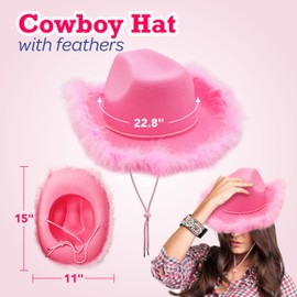 4E's Novelty Pink Cowboy Hat with feathers With Heart Shaped Sunglasses for Women, Felt Pink Cowgirl Hat for Party Costume Dress Up