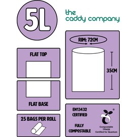 The Caddy Company 5 Litre (5L) Compostable Caddy Bin Liners, 75 Bags