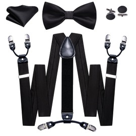 Barry.Wang - Juego de tirantes y pajarita para hombre, diseño de cachemira, pajarita y pañuelo con forma de Y, 6 clips fuertes, Satén Negro Sólido, Talla única
