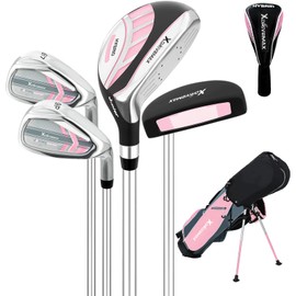 5 Pieces Junior Golf Clubs Set for Kids Ages 5-7, Youth Golf Clubs 6-8 9-12, Complete Kids Golf Club Set with Driver, Hybrid, Irons, Putter, Stand Bag, Lightweight for Boys Girls, Pink
