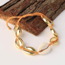 KELITCH Womens Gold Shell Cowry Beads Bracelets Bangle Tropical Beach Bracelets Adjustable Friendship BraceletsGold Shell