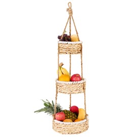 3 Tier Hanging Fruit Basket for Kitchen, Handmade Natural Woven Wicker Seagrass Hanging Basket for Fruit and Vegetable Countertop Organizer, Modern Boho Decor Baskets for Plants Holder