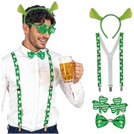 The Fancy Dress Adults St. Patricks Day Accessories Includes Leprechaun Bow Tie, Green Braces, Shamrock Glasses and Shamrock Costume Headbopper Irish Festival Accessory