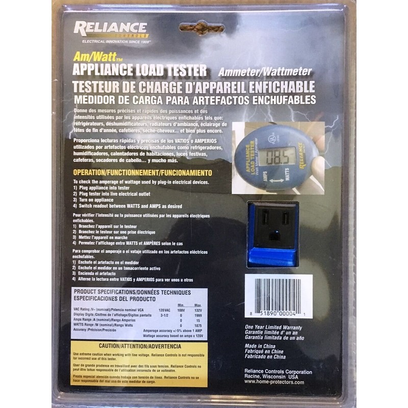 Reliance Controls Ammeter and Wattmeter THP103 AmWatt Appliance Load Tester/Plug,