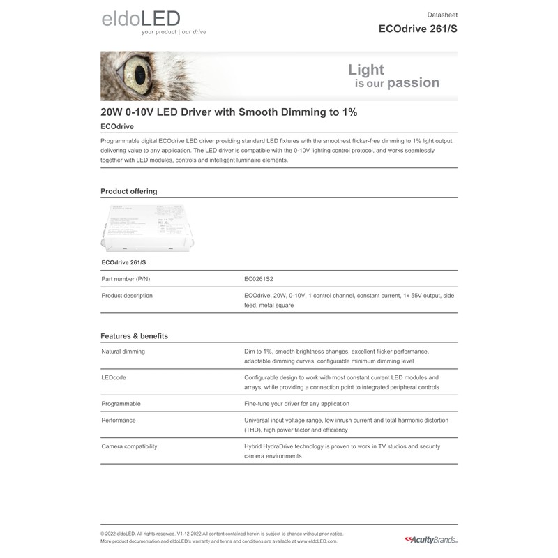 eldoLED | EC0261S2 ECOdrive 261/S 20W 0-10V LED Driver with