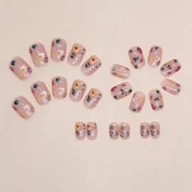 Spring Press on Nails Short Square Fake Nails Nude Nails Press ons Glossy Glue on Nails Cute Acrylic Nails Summer False Nails with Flower Designs Artificial Stick on Nails for Women 24Pcs