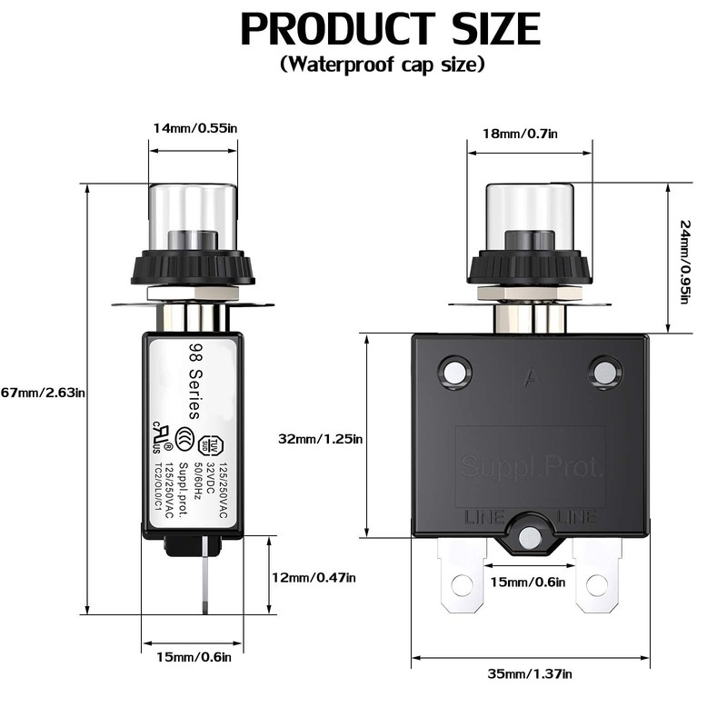DIYhz Thermal Circuit Breaker,98 Series 20A 125/250VAC Circuit Breaker Push-Button