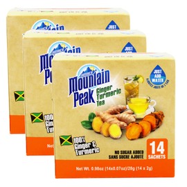 Jamaica Mountain Peak Ginger Turmeric Tea, Unsweetened, 14 x 0.7 Ounce Sachets (Pack of 3) - Total 42 Sachets