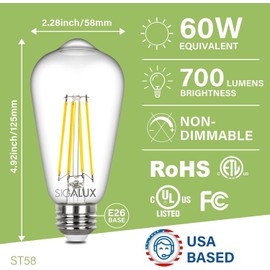 Sigalux Edison Bulbs, E26 LED Bulb ST58 Filament Clear Non-Dimmable Vintage Light Bulbs 60W Equivalent 700LM Daylight White 5000K 15, 000hrs 6 Pack