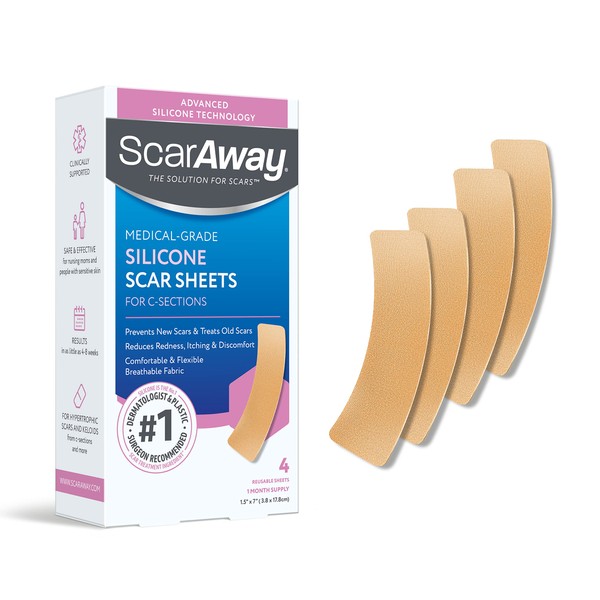 ScarAway Advanced Silicone Scar Sheets for C-Section, Reusable Sheets (1.5” x 7”) for Hypertrophic and Keloid Scars from C-Section & Other Surgeries, 4 Sheets