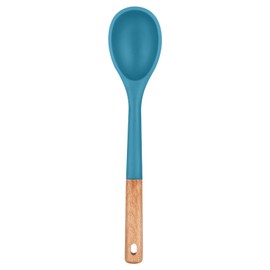 Large Silicone Cooking Spoons, Nonstick Solid Wooden Handle Spoon, Heat Resistan Silicone Kitchen Spoons for Cooking, Serving, Basting, Mixing, 13.2inch (BLUE)
