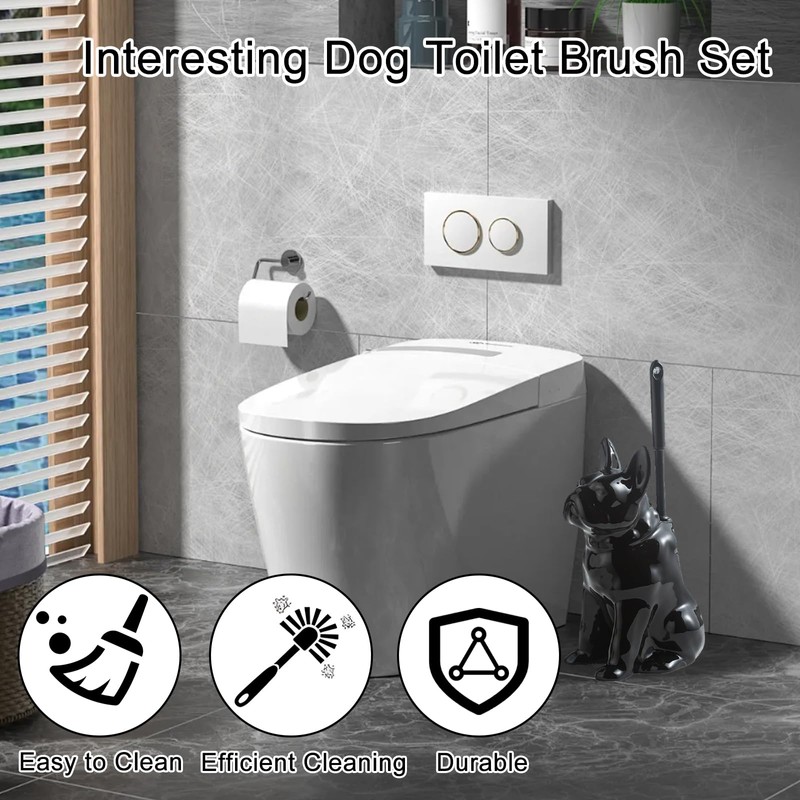 Comeon Ceramic Dog White/Black Toilet Brush and Holder Set, Plastic