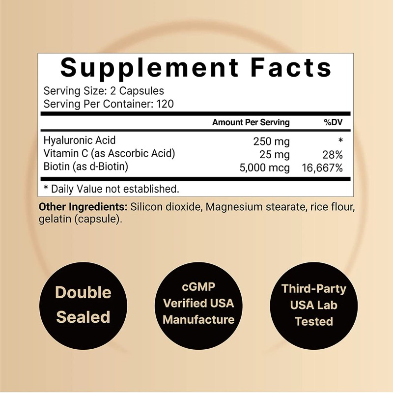 NatureBell Hyaluronic Acid 250mg Capsules - 240 Count with Biotin