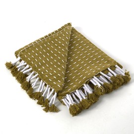 100% Cotton Throw Blanket, Yellow Green Throw Blankets Boho Decorative for Bed Couch 125×150 CM Knitted White Striped Cozy Soft Bohemian Blankets with Tassels for Bed Chair, Living Room 50 x 60 inch