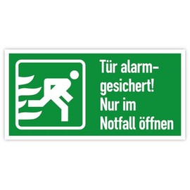 Sticker Rescue Sign Escape Route Emergency Exit "Door Alarmgesichert! Open Only in Emergency Right" Note Film 148 x 74 mm Made in Germany