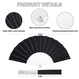 EOSAU Glitter Folding Hand Fans for Women Foldable Handheld Clack Fans for line Dancing, Wedding, Church, Festival, EDM, Party, Club, Rave Accessories (9" Black 03)
