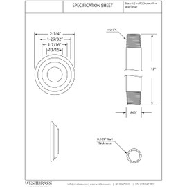 Westbrass A3612A-26 1/2" IPS x 12" Round Ceiling Mount Shower Arm with Flange, Polished Chrome