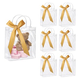 6 Pack Clear Gift Bags with Gold Ribbons, 16× 15× 7 cm Small Clear Plastic Gift Bags with Handles