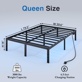 HAVONIZD Queen Bed Frame with LED Lights & Charging Station - 14 Inch Heavy Duty Metal Platform Bed Frame No Box Spring Needed, Easy Assembly, No Noise