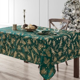 Elrene Home Fashions Pine Leaf Metallic Foil Printed Fabric Holiday/Christmas Rectangle Dining Tablecloth, 60"x144"