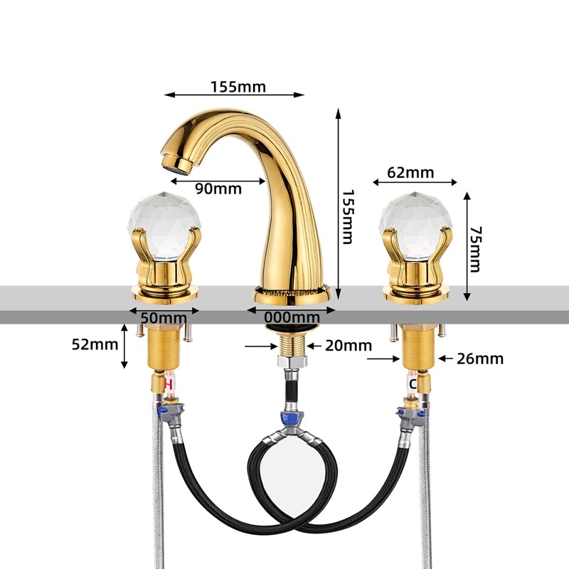 Bathroom Sink Faucet 3 Hole Deck Mounted Widespread Brass Bathroom