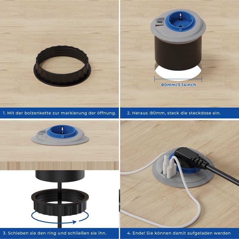 BQO Desk Built-in Socket with USB C, 1.5 m Retractable