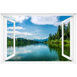 Fake Window Decal - 24"x16" Vinyl Wall Art | Lake Mountain View Mural Sticker | Peel & Stick Removable Decor