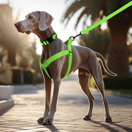 Mile High Life Night Reflective Double Adjustable Band Nylon Small Puppy Pet Dog Combo Collar Leash and Harness Set (Reflective Solid Lime Green, Large (Pack of 3))