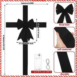 Spiareal Christmas Cabinet Door Ribbon Bow with LED Light Large Velvet Christmas Wreath Glowing Bow Xmas Tree Decor Festival Wrapping Decorations for Fireplace Home Front Door(Black)